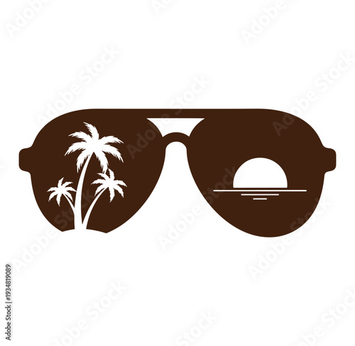 Brown sunglasses with palm trees and sunset design on lenses
