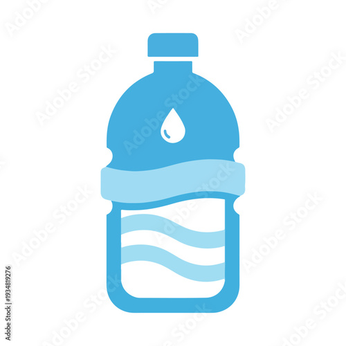 A simple, blue vector icon of a water bottle filled with light blue wavy liquid and featuring a white water droplet symbol on its body.