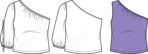 Flat Fashion Technical Sketch of Women's One Shoulder Puff Sleeve Top Vector Illustration Isolated