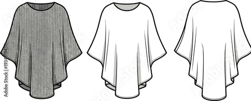 Flat Fashion Technical Sketch of Women's Knit Poncho Cape Top Vector Illustration Isolated