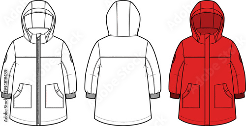 Hooded Parka Jacket Technical Fashion Flat Sketch, Winter Coat Mockup Vector Illustration