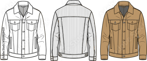 Men's Denim Trucker Jacket Technical Flat Sketch, Tan Cotton Jacket Vector Illustration, Front and Back