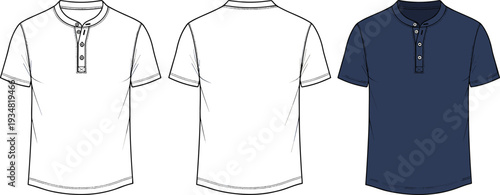 Men's Henley T-Shirt Technical Fashion Flat Sketch, Short Sleeve Polo Mockup Vector Illustration