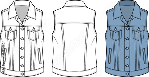Men's Denim Vest Technical Flat Sketch, Blue Jean Waistcoat Vector Illustration, Front and Back View