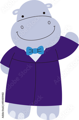 Hippo Waving In Tuxedo Cartoon