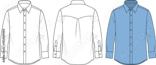 Men's Long Sleeve Dress Shirt Technical Flat Sketch, Formal Button Down Vector, Front and Back View