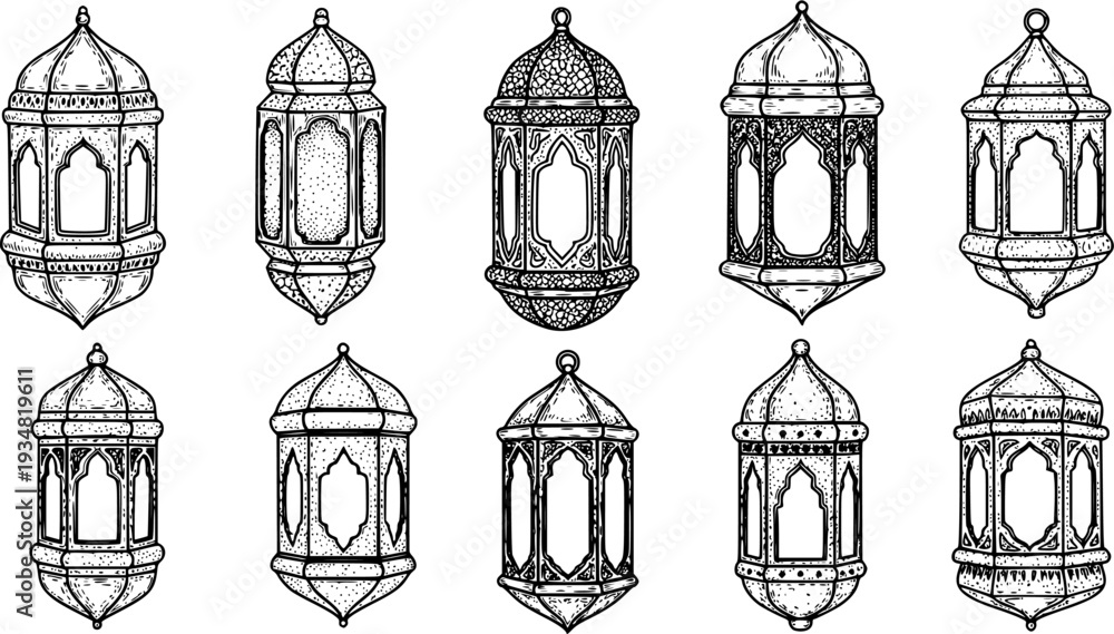 Fototapeta premium Black hand-drawn Ramadan lanterns set, featuring intricately detailed Arabic-style lanterns. Perfect for greeting card designs, Islamic festival celebrations, and Ramadan-themed decorations. 