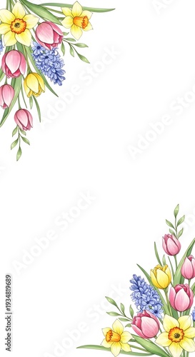 Hand drawn spring floral corners with tulips daffodils and hyacinth
