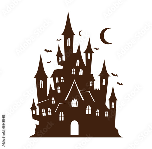 Halloween haunted house silhouette with bats and moon in the night sky