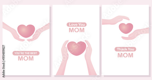 A minimalist three-panel illustration featuring hands exchanging pink hearts with affectionate messages for mothers. 