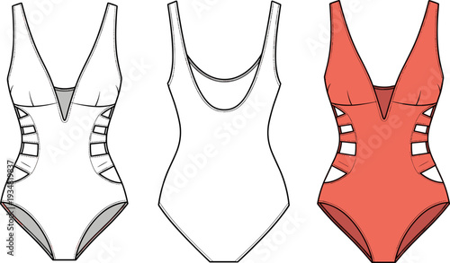 Women's One Piece Swimsuit Technical Flat Sketch, Cut Out Monokini Vector Illustration, Front and Back