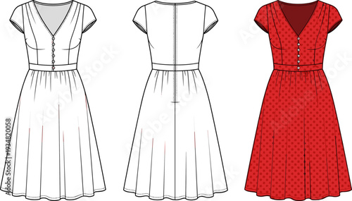 Women's V-Neck Polka Dot A-Line Dress Technical Flat Sketch, Red Buttoned Summer Dress Vector
