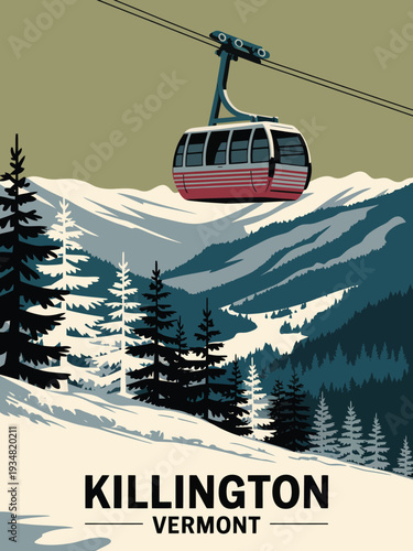 Winter Mountain Gondola Poster, Snow Laden Pine Trees and Striped Cable Car Retro Alpine Travel Artwork