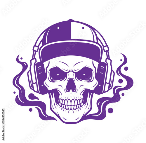 Purple skull wearing headphones and baseball cap isolated on transparent background