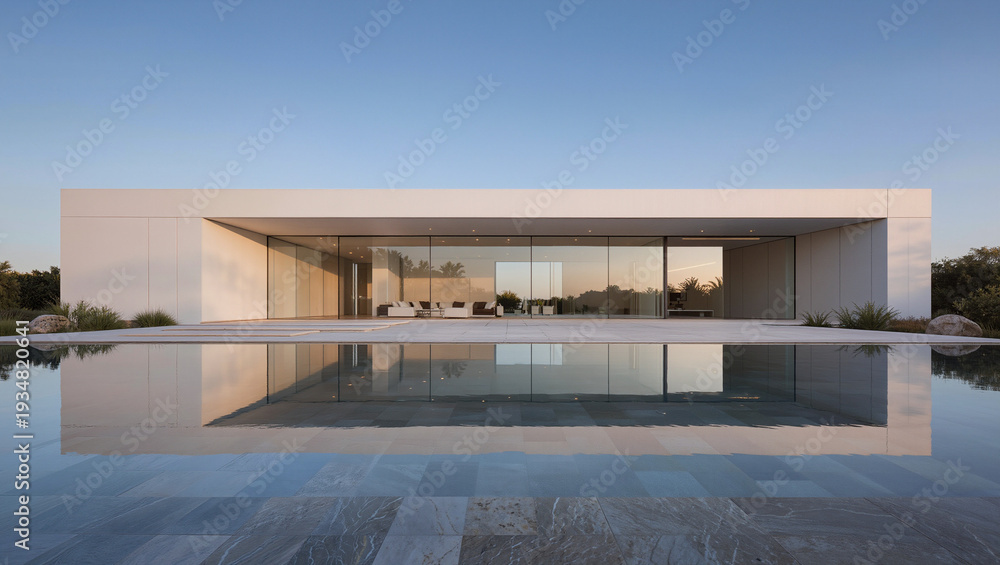 Fototapeta premium Modern minimalist concrete house with glass walls reflecting pool and sky