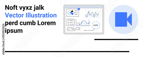 Data visualization, online meetings, video calls, business analysis, statistics, communication. Dashboard displaying graphs, charts video icon. Data visualization and online meetings concept