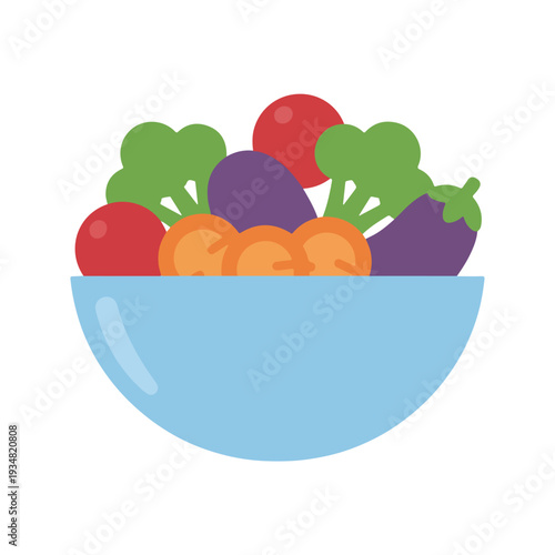 A cheerful illustration of a light blue bowl brimming with fresh, colorful vegetables like red tomatoes, green broccoli, purple eggplant, and orange carrots.