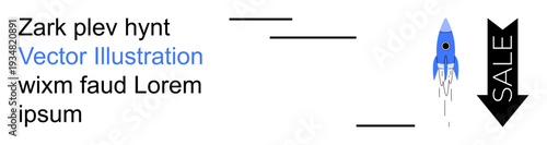 Business growth, startup concepts, marketing campaigns, discounts, eCommerce sales, strategic promotions. A blue rocket and a downward sale arrow. Business growth and marketing campaigns concept
