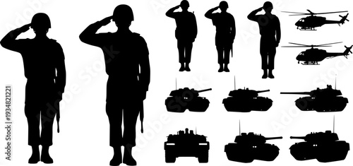 Saluting Soldier and Army Force Silhouettes, art vector design