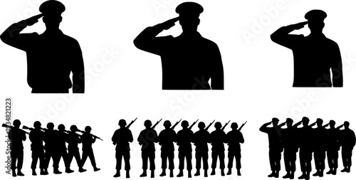 Saluting Soldier and Army Force Silhouettes, art vector design