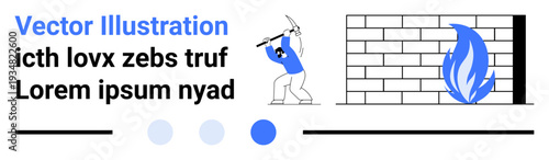 Worker in action with pickaxe near wall and flame. Ideal for teamwork, resilience, progress, hard work, challenges, safety and simple landing page. Line metaphor. Simple line icons