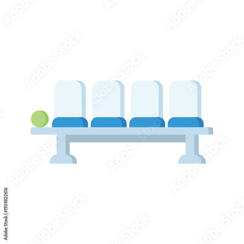 A vector illustration featuring a row of four light blue and dark blue chairs with a green ball on the left side, against a white background.