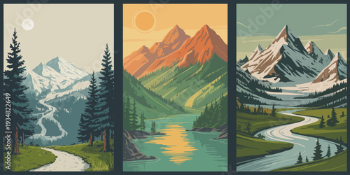 Moonlit Mountain Poster, Evergreen Tree Silhouettes and Winding River Rapids Night Landscape Illustration Design