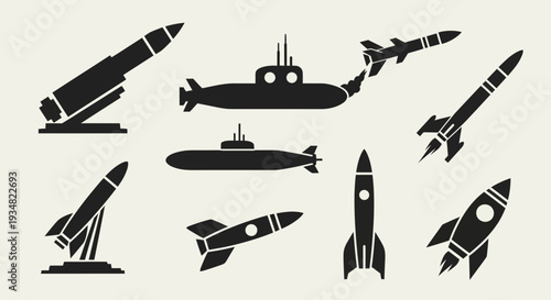 Collection of black silhouettes depicting various military rockets, missiles, and submarines on a light background, representing warfare and defense technology.