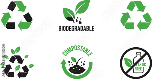 Eco Friendly Sustainability Labels Set with Recycling Biodegradable and Compostable Flat Icons