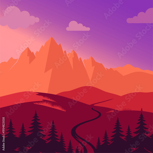 A serene flat vector illustration of majestic mountain peaks