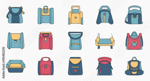 Variety of different bag illustrations. Each bag has a unique design and color