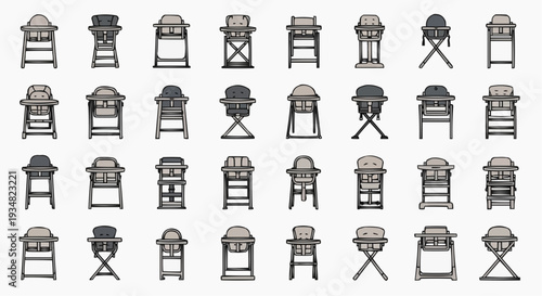 Collection of various high chairs, viewed from the front, arranged in a grid pattern. Each chair features a unique design, showcasing a diverse range of styles.