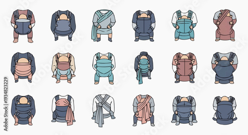 A collection of baby carriers arranged and displayed neatly in a grid pattern. Each carrier is a different design and color