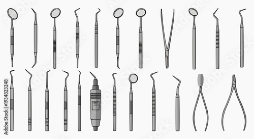 A detailed collection of dental tools arranged neatly, reflecting the precision and care of dentistry. Each instrument is designed for specific oral care procedures