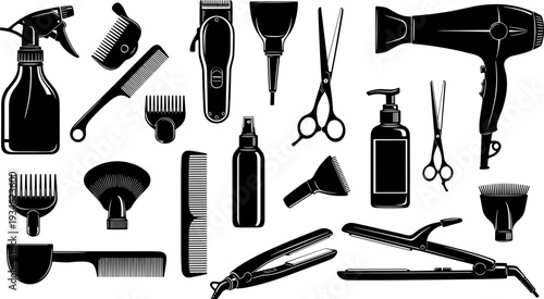 Professional Barber Shop and Hair Salon Tools, Black Silhouette Icons Set Isolated on White