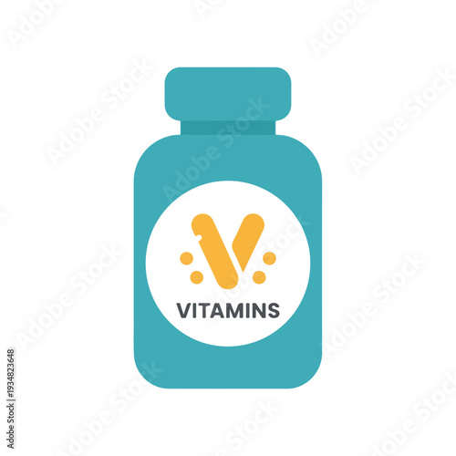 A flat vector illustration of a teal bottle with a white circular label featuring an orange 'V' logo and the word "VITAMINS".