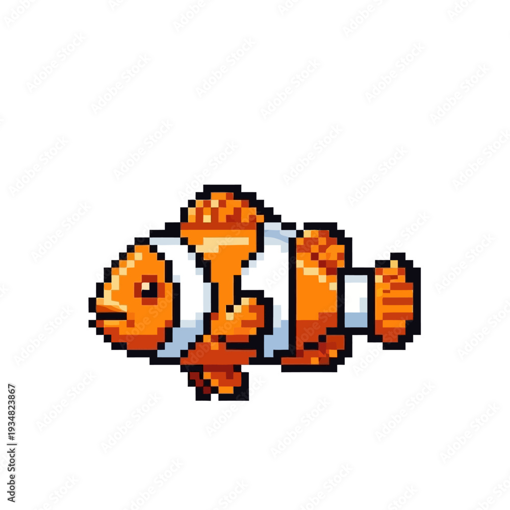 Fototapeta premium Pixel art illustration of a clownfish, a vibrant orange and white striped fish, swimming in a clear blue aquatic environment, perfect for digital art projects