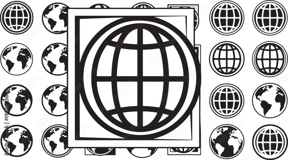 Fototapeta premium Black and white illustration of globe icons and maps