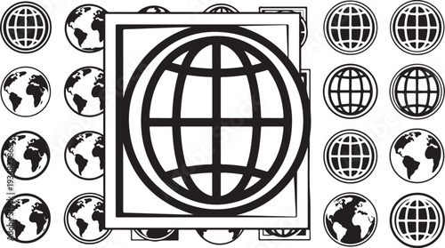 Black and white illustration of globe icons and maps