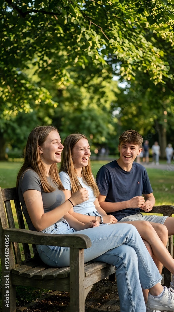 Fototapeta premium Three happy teenagers laughing together on park bench under green trees during sunny summer day. Friendship and youth lifestyle concept.