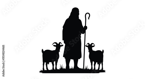 Shepherd with goats in a field striking black silhouette