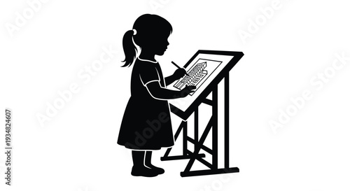 Young girl intently drawing on an easel a striking silhouette