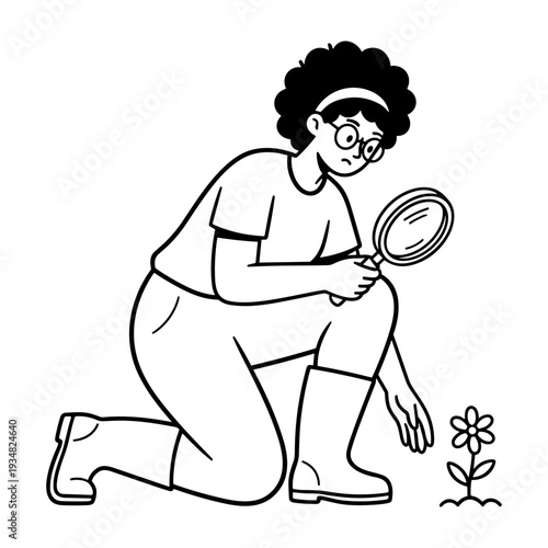 Hand drawn doodle illustration of a person observing a flower with a magnifying glass