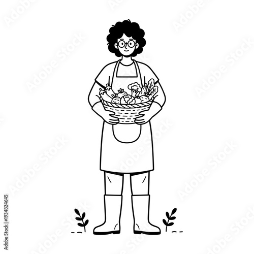 Hand drawn illustration of a gardener holding a basket of fresh organic vegetables
