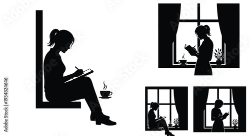 Woman reading and writing by a window a peaceful indoor scene silhouette