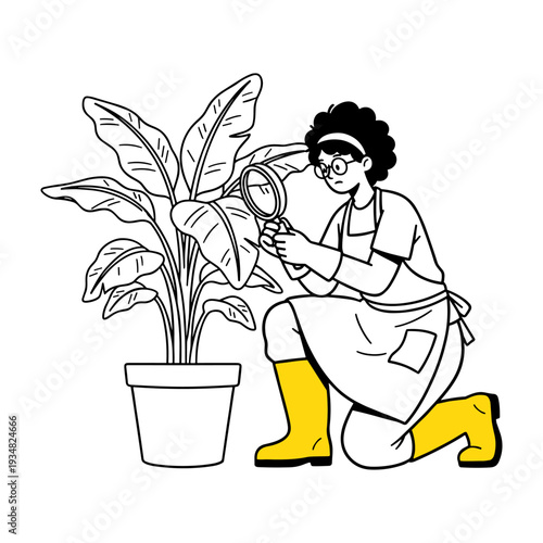 Hand drawn illustration of a woman gardener examining a potted plant with a magnifying glass