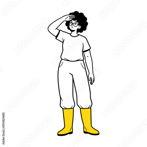 Hand drawn illustration of a person in yellow rain boots looking into the distance.
