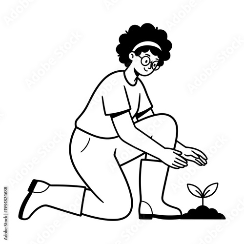 Hand drawn style person planting a seedling in soil, nurturing nature illustration
