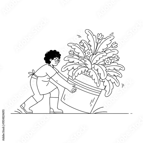 Hand drawn style illustration of a gardener struggling to move a heavy potted plant.
