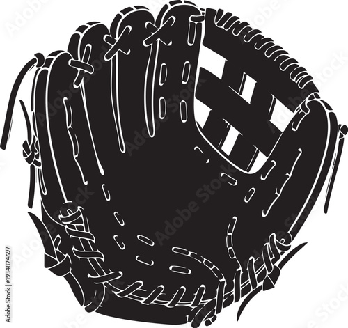 Black baseball glove with white stitching and laces illustration